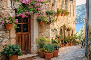 A quaint Spanish house with an old stone wall, adorned with hanging flower pots and vibrant flowers in terracotta planters, offers a picturesque view of the door and windows.