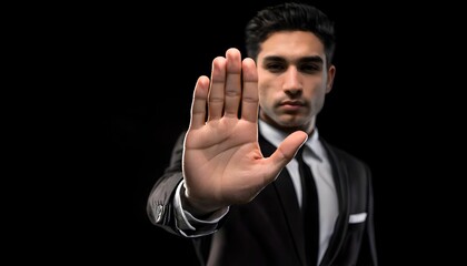 Hand in a Stop Gesture. A businessman hand raised in a stopping or halting gesture to signify caution, limitations, or boundary-setting in discussions or processes