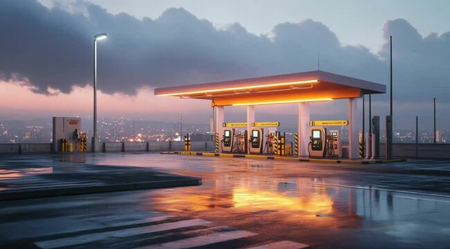 Gas station landscape scene at dusk, Camera slow motion with different angles