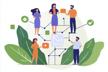 People connected by a network with a mail symbol in the center.