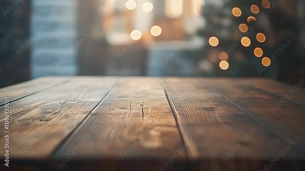 Poster rustic wooden table surface in foreground with soft focus background of warm glowing lights, creatin