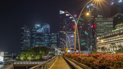 Business Financial Downtown City and Skyscrapers Tower Building at Marina Bay night timelapse hyperlapse, Singapore