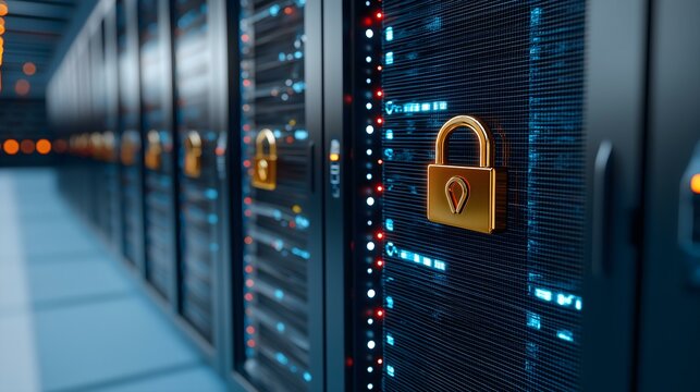 Data center with secured servers featuring padlocks for enhanced cyber security.