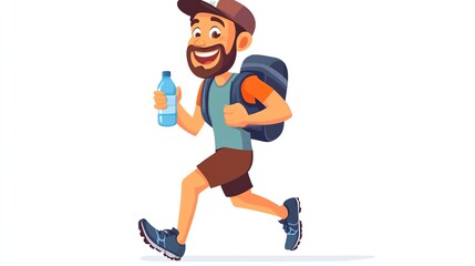 a 2D cartoon illustration of a runner taking a break with a water bottle, refreshed and happy, white background--ar 16:9