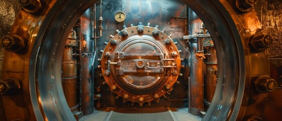 A vintage bank vault door, with a circular design and metal fixtures, includes an analog time display and a sense of security, protecting valuable contents.