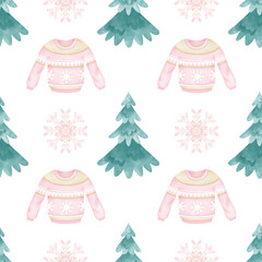 Christmas trees, sweater, snowflake. Watercolor seamless pattern on white background in pastel colors. Cute children's illustration for textiles and wrapping paper