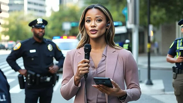 1_Female Reporter Interviewing Police Officer at Crime Scene