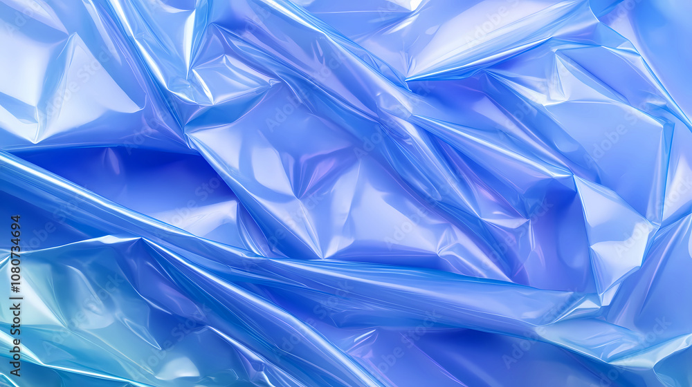 Poster shimmering blue plastic wrap creates intricate patterns and reflections in soft light