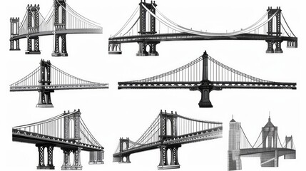 The image showcases 9 hand-drawn bridge sketches with diverse designs in black ink on a white background. One bridge is colored, arranged in a grid pattern,