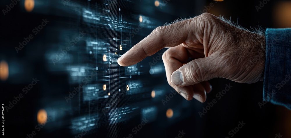 Poster Quality management  continuous improvement concept. A close-up of a hand interacting with a digital interface, symbolizing technology and innovation in a modern environment.
