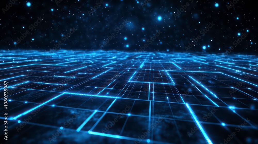 Poster abstract digital grid with glowing blue lines and scattered stars in the dark background.