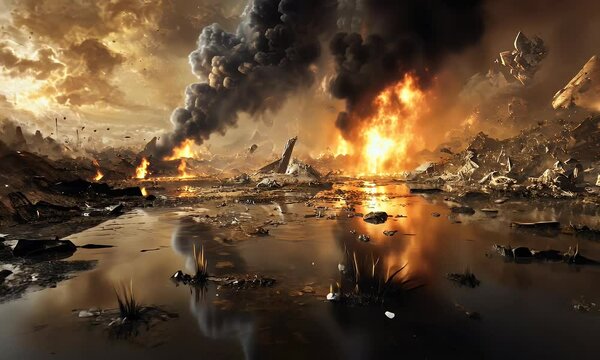 A fiery and apocalyptic scene of a destroyed world with a fiery lake and smoke filled sky.
