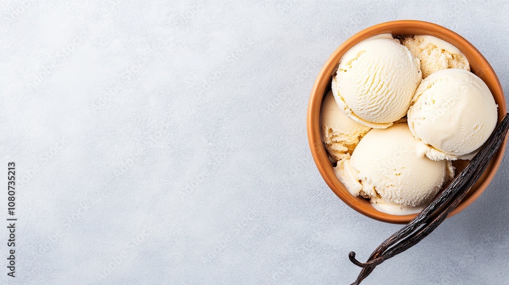 Poster indulge in creamy vanilla ice cream served in a rustic bowl with a whole vanilla bean on a soft grey