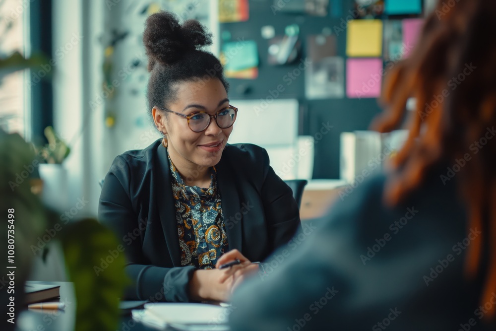Aufkleber a professional woman is actively engaged in a meaningful conversation within a modern office setting