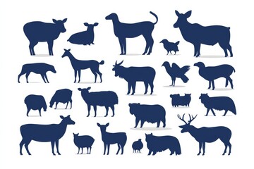 Fototapeta premium A captivating arrangement of various farm animal silhouettes isolated against a white backdrop showcases the charm and uniqueness of rural life. Each animal represents the heart of agriculture.