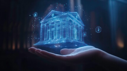 A futuristic digital hologram of a bank building floating above a person's hand, symbolizing modern finance and technology innovation