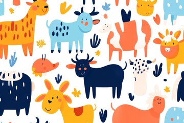 Obraz premium This delightful seamless pattern showcases cute cartoon farm animals including cows goats sheep and horses surrounded by colorful flowers and foliage perfect for childrens products.