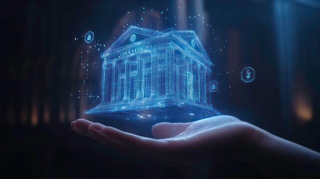 A futuristic digital hologram of a bank building floating above a person's hand, symbolizing modern finance and technology innovation