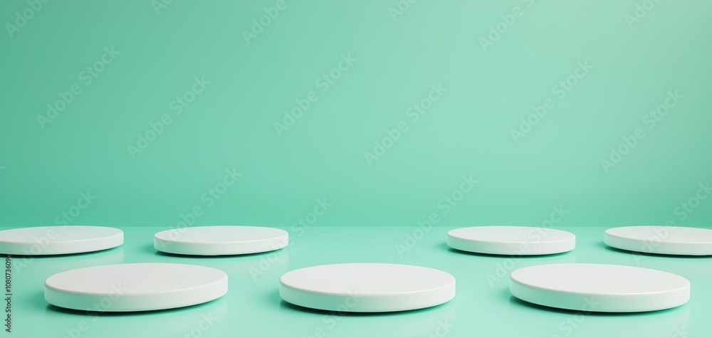 Poster A minimalist arrangement of white circular objects on a soft mint green background, creating a serene and modern aesthetic.