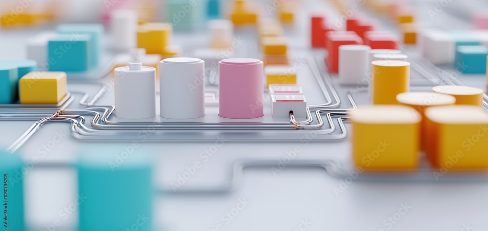 Poster Quality management  continuous improvement concept. A colorful abstract representation of a digital circuit with cubes and blocks, symbolizing technology and innovation.