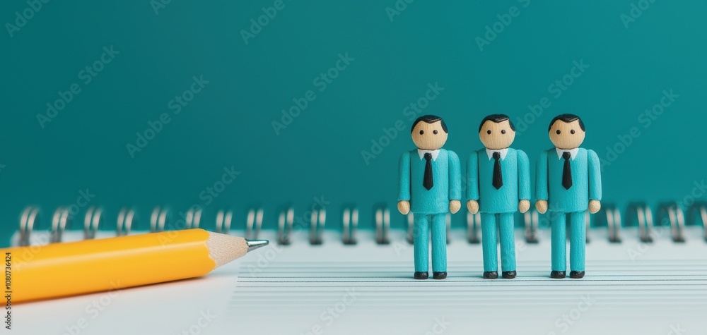 Poster quality management continuous improvement concept. three miniature figures in teal suits stand on a 