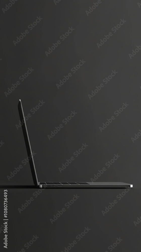 Poster Modern, thin laptop is showing its side view while standing on a dark gray surface with dark gray background, creating a sleek and minimalist technology presentation