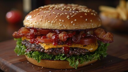 Close-up of a Juicy Bacon Cheeseburger with Ketchup and Lettuce on a Wooden Cutting Board