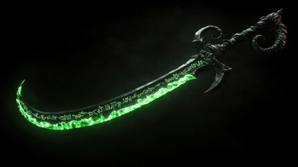 Fototapeta premium Mystical Green Sword with Engraved Runic Symbols, Perfect for Fantasy Art, Video Game Graphics, and Illustrations of Epic Battles and Magical Adventures