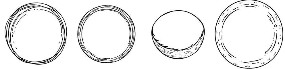 Drawn circles. Various sized ovals. Highlighted circle frames. Doodle style ellipses.