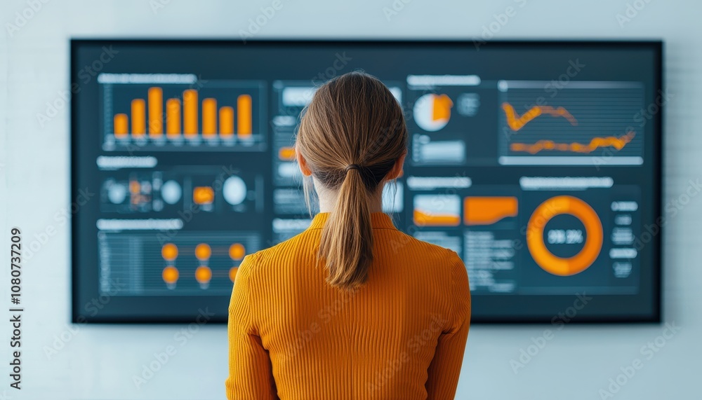 Poster Quality management  continuous improvement concept. A person analyzes data displayed on a large screen, showcasing various graphs and statistics in an orange and gray color scheme.