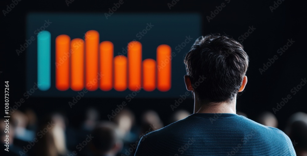 Poster Quality management  continuous improvement concept. A person observes a colorful data visualization on a screen during a presentation or seminar.