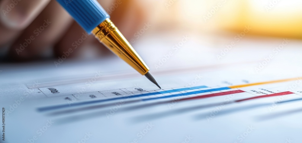 Poster Quality management  continuous improvement concept. A close-up of a hand holding a pen, analyzing a document with colorful graphs and charts, indicating data assessment or business analytics.
