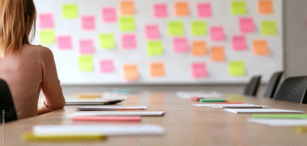 Fototapete Quality management  continuous improvement concept. A workspace scene featuring a person sitting at a table with colorful sticky notes on a wall, indicating brainstorming or collaborative planning.