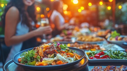 Vibrant Outdoor Dining Experience with Gourmet Plates, Lively Atmosphere, and Happy Guests Enjoying a Culinary Feast at Sunset Gathering