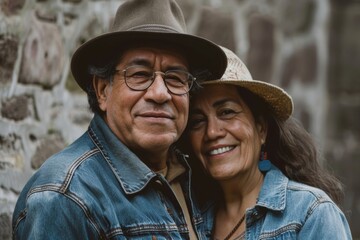 Portrait of a cheerful latino couple in their 40s sporting a rugged denim jacket over historic castle backdrop