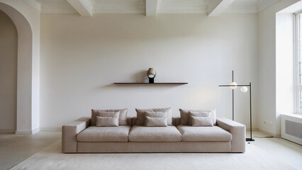 Modern Minimalist Living Room with Beige Sofa, Floating Shelf, and Contemporary Floor Lamp