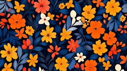 A stunning arrangement of bright flowers and leaves creates a lively floral liberty pattern ideal for fashion and decorative applications. The vibrant colors bring energy and style.