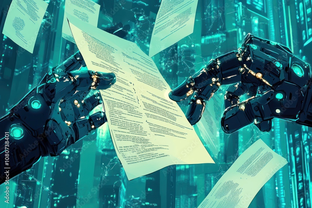 Poster artificial intelligence technology featuring robotic hands interacting with digital documents, symbo
