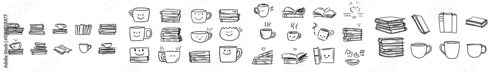 Poster a hand drawn stack of books. different outline piles of books. an icon set in linear style. variatio