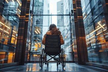 Fototapeta premium A woman in a wheelchair sits before a large glass wall, gazing at the tall skyscrapers of a bustling city, creating a striking contrast between her and the skyline