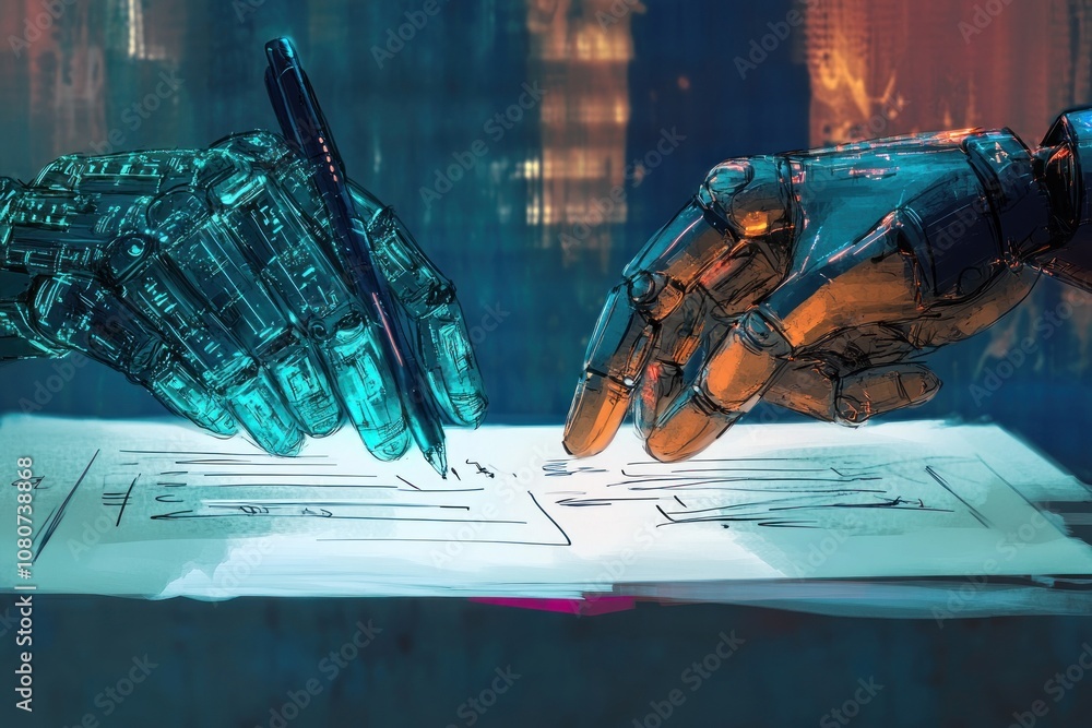 Poster artificial intelligence and technology progress, futuristic concept. robotic hands signing document,