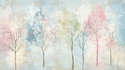 Artistic wallpaper soft pastel trees blending with textured grunge