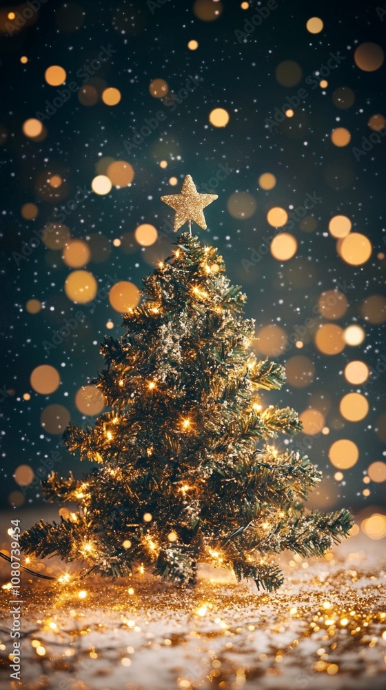 Poster illuminated christmas tree adorned with twinkling lights and a star topper, surrounded by magical go