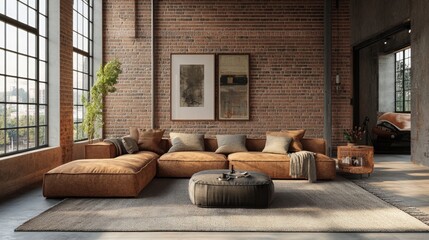 Industrial Loft Living Room Interior Design Modern Brown Leather Sofa Brick Walls Large Windows