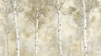 Watercolor birch trees thin trunks fading into beige grunge art