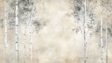 Delicate birch trees green leaves on a beige worn grunge background