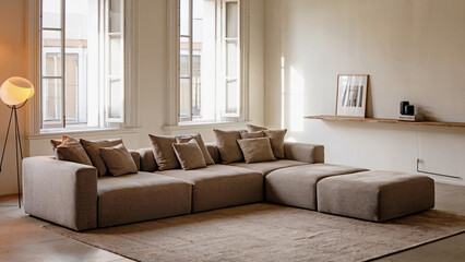Cozy Modern Living Room with Brown Sectional Sofa and Ambient Lighting