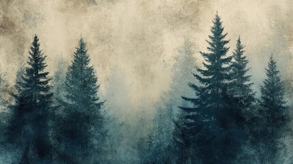 Moody pine trees cool blues blending into distressed grunge texture