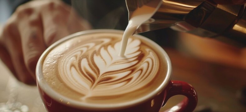 A barista expertly pouring milk into a latte art design creating a beautiful tulip.