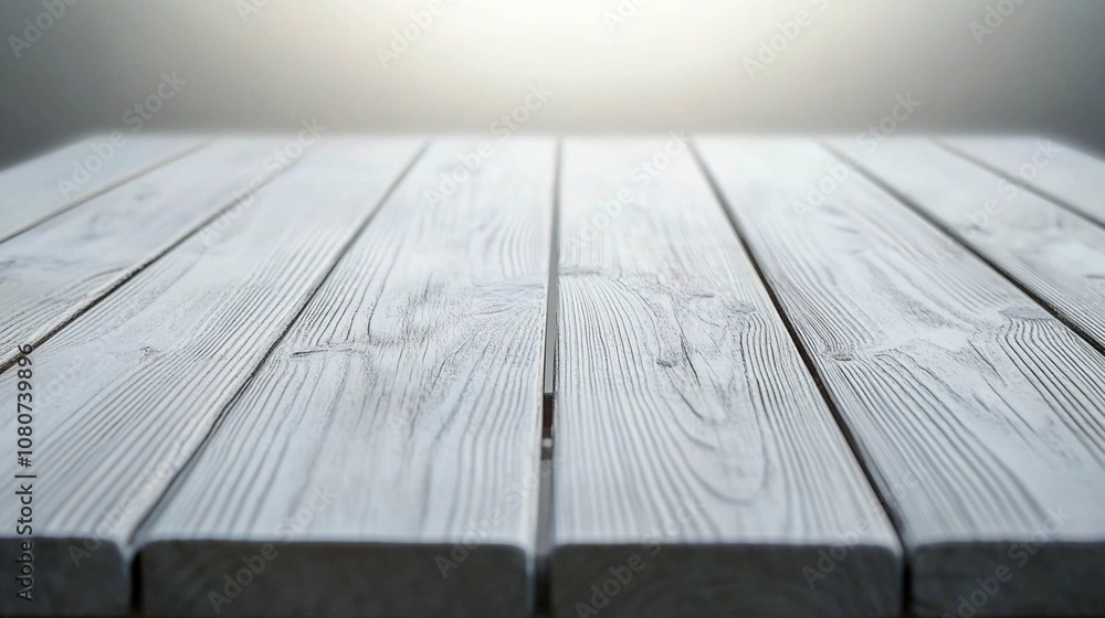 Poster weathered wooden planks form a rustic tabletop or deck surface, their pale gray texture and grain pa